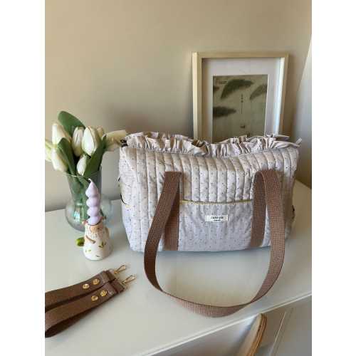 Brown Polko Dot Ruffle Stroller Caddy Bag / Travel Weekend Duffle Bag / Baby Shower Gift / Mother Baby Diaper Bag with Pockets