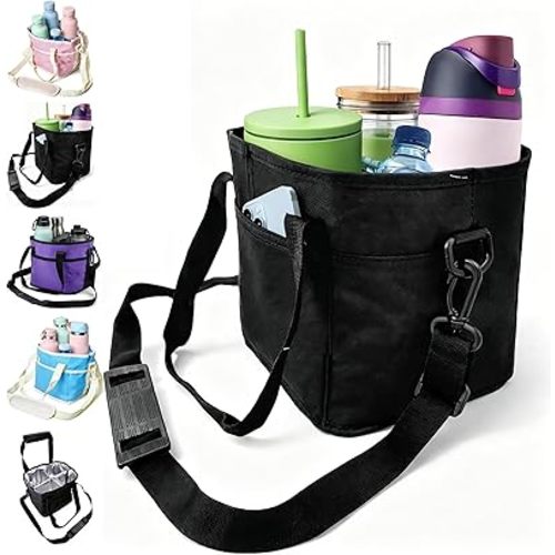 Insulated Drink Carrier Bag for 4 Cups, Multiple Tumbler Carrier Caddy with Adjustable Strap, Family Size 4 Compartment Insulated Drink Holde, for Hiking, Sports, Family Outings Daily Use (Black)