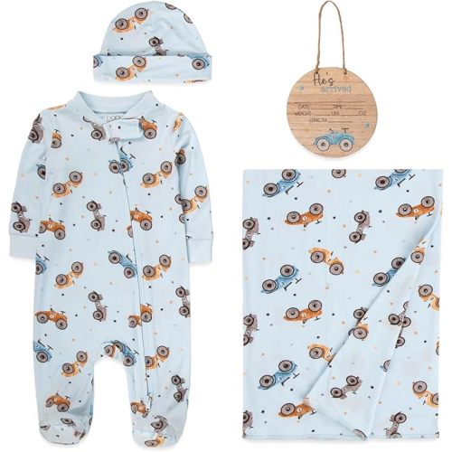 Newborn Baby 4 Piece Coming Home Outfit Gift Set – Footie Sleeper, Blanket, Headband & Ornament for Boys & Girls