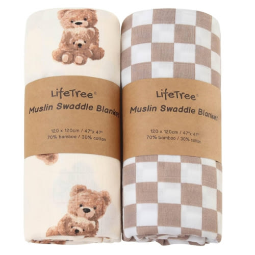 LifeTree Muslin Swaddle Blankets, Baby Swaddling Wrap Nursery Blanket Unisex, Soft 70% Viscose from Bamboo and 30% Cotton, Large 47 x 47 inches, Bear & Checkered Swaddle Blanket