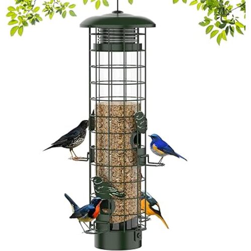Squirrel Proof Bird Feeder,Metal Mesh Bird Feeders for Outdoors Hanging,Gravity Protection Squirrel Proof Wild Bird Feeders with Finch Cardinal Chickadee,3LB Large Capacity,Green