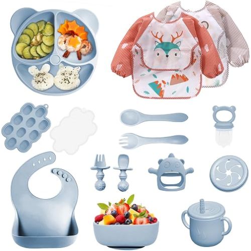 Silicone Baby Feeding Set, 14 Pcs Baby Led Weaning Supplies, Baby Spoons & Forks Suction Bowl Divided Plate Bib Cup, First Stage Solid Food Eating Utensils - 6+ Months (Blue)