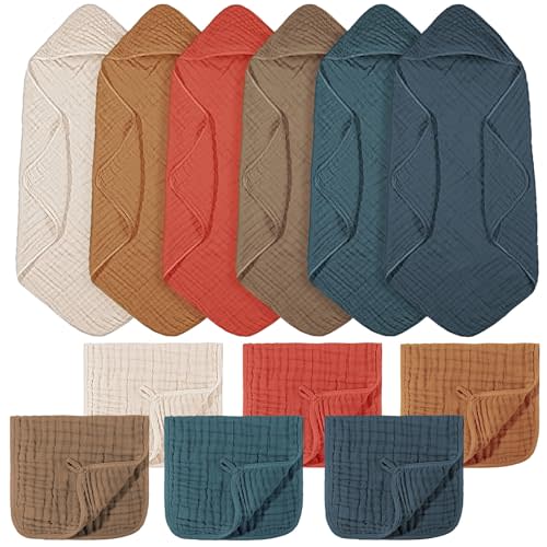 VitalCozy 12 Pcs Baby Muslin Hooded Bath Towels and Washcloths Muslin Cotton Hooded Baby Towels Absorbent Blankets for Gift Newborn Infant Shower (32 x 32 Inch,Colorful)
