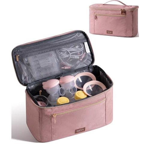 NCVI Breast Pump Storage Bag, Large Capacity, Waterproof Lining, Pink | Portable Carrying Case with Handle, Multiple Compartments for Pumps and Extra Parts, Perfect for Working and Nursing Moms