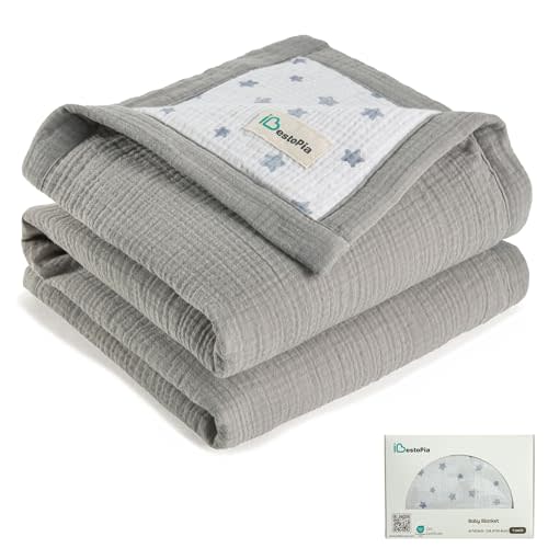 Muslin Baby Blanket Neutral - Soft Cotton Toddler Blanket with Star - Reversible Lightweight Crib Bedding for Stroller, Daycare & Travel 47"x47" (Gray Star)