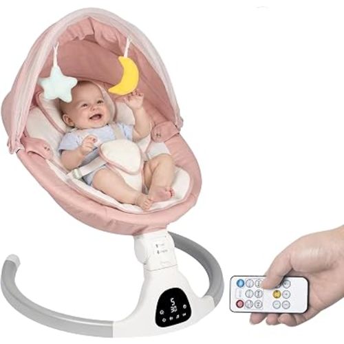 JFOVMCYG Electric Baby Swing for Infants 0-9 Months, Portable Infant Swing with 5 Swing Speeds, Bluetooth Audio, Remote Control, Washable Seat Cover, Pink, Up to 20 lbs