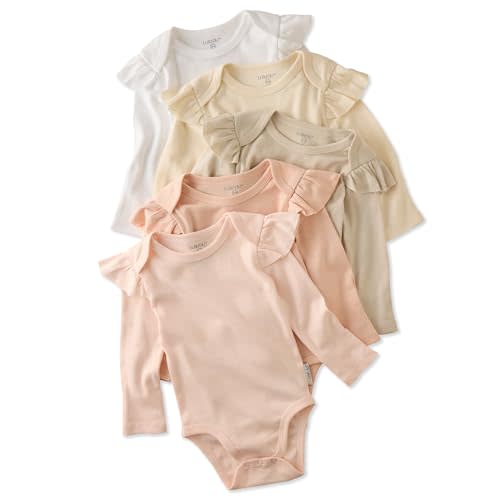 Butterblu Ashley 5-Pack Long Sleeve Ruffle Shoulder Bodysuits 100% Cotton | GOTS certified Organic Cotton for Baby and Toddler Girls, Soft, Easy Snap On Closure, Machine Washable