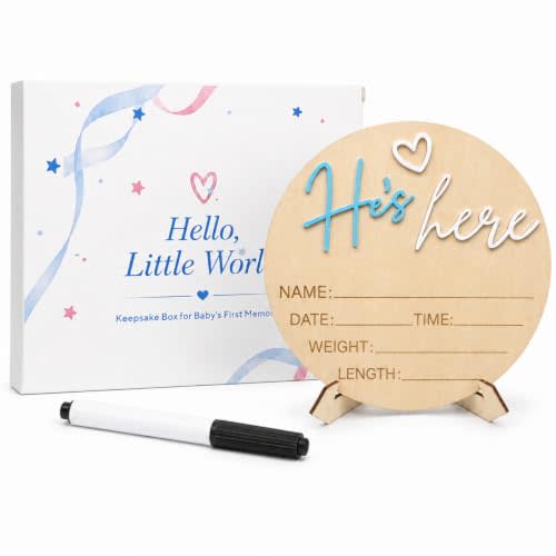He's Here Baby Boy Announcement Sign Hello World Newborn Welcome Plaque Box | Baby announcement sign featuring 3D blue He's here text and a keepsake gift box for newborn hospital photoshoots.