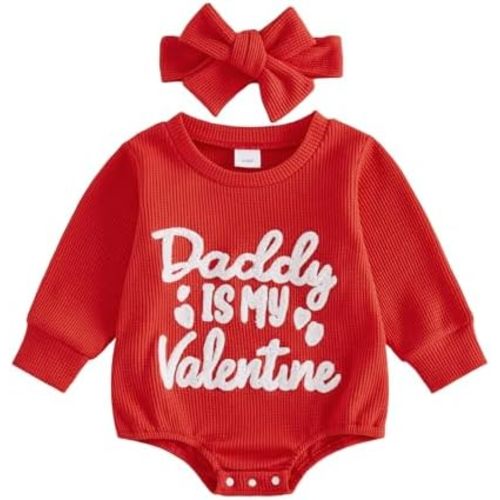 Ayalinggo Newborn Baby Girl Valentine's Outfit Daddy Is My Valentine Bubble Romper Cute Infant Waffle Jumpsuit Spring Clothes