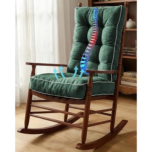 Rocking Chair Cushions Indoor/Outdoor, 5-inch Thicken Seat Cushion with Memory Foam Non-Slip Tufted Chair Pads Set of Seat & Back Cushion for Rocker Living Room, Dark Green, 22x17x5/17x17x5