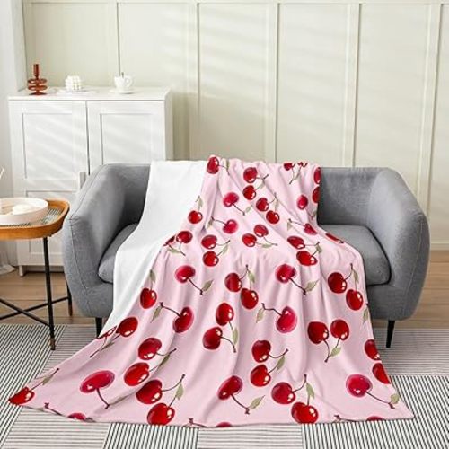 Feelyou Red Cherry Fleece Throw Blanket Baby 30"x40" Kids Cherry Pattern Flannel Blanket Plush Fuzzy for Sofa Couch Boys Girls Teens Cute Fruit Dull Pink All Season