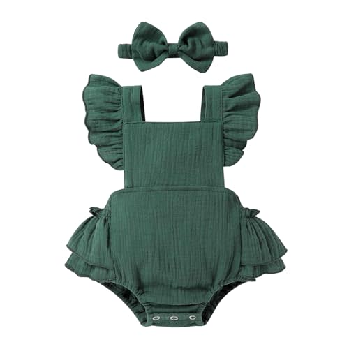 Happy Town Baby Girl Clothes Toddler Summer Linen Romper Sleeveless Ruffle Outfits Infant Girls Jumpsuit with Headband