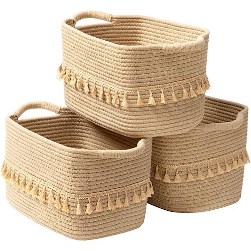 TeoKJ Storage Basket 3 Pack for Organizing, Rope Cotton Baskets for Toy, Clothes, Blankets, Decorative Basket for Living Room, Nursery, Bathroom, Jute