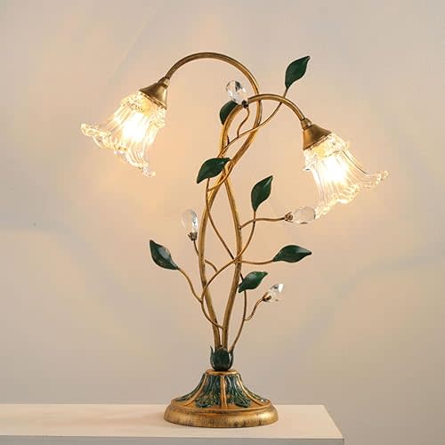 Glass Table Lamp, Antique Flower Decorative Bedside Desk Lamp with Green Leaf, Retro Decorative Lamp for Bedroom Home Office Bronze Finish