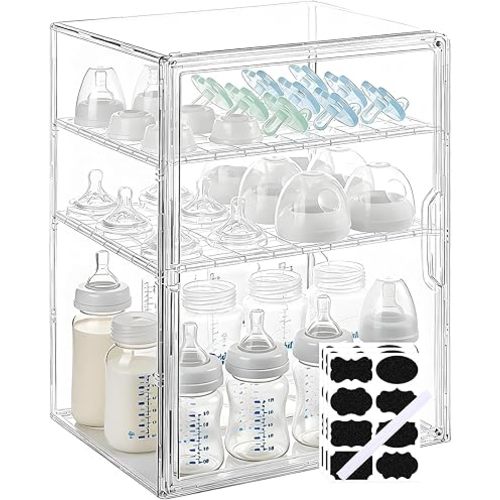 Baby Bottle Organizers,3-Tier Cabinet Bottle Storage Organizer with Labels,Clear Station Organizers Container for Pacifiers,Pump Parts,Pantry,Vanity,Countertop,Desk Organizer Bins for Bathroom