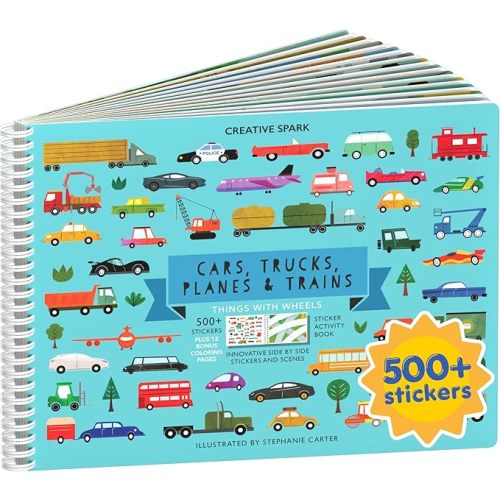 Cars, Trucks, Planes & Trains 500+ Kids Sticker Book by Cupkin Fun Toddler Travel Activity Coloring and Sticker Book, Road Trip Essentials, 12 Coloring Pages + Scenes for Ages 2–8 Years