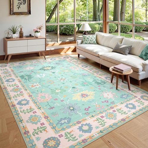 LIVEBOX Washable Oushak Pink Boho Area Rug, 8x10 Machine Washable Rugs for Bedroom Girls Living Room, Soft Blush Floral Non Slip Turkish Pastel Thin Floor Carpet for Classroom Playroom Home Decor