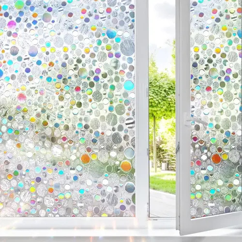 Stained Glass Window Film Rainbow Window Privacy Film,Iridescent Transparent Buble Decor Static Cling 91% UV Heat Blocking Window Sticker for Home(17.5X78.7 Inch)