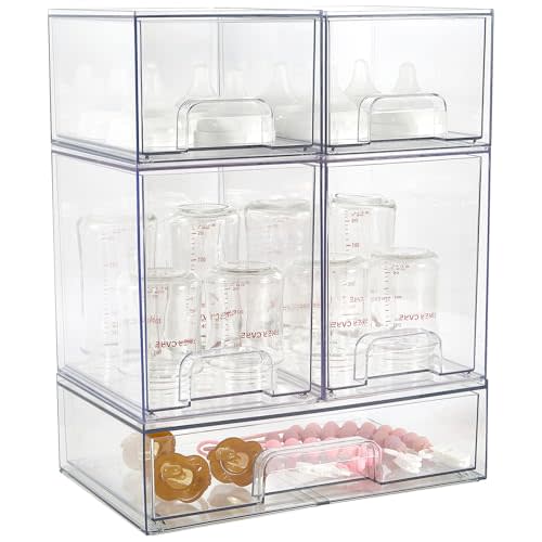 Baby Bottle Organizer, 5 Pack Clear Space-Saving Stackable Drawer with Handle, Baby Bottle Storage Organizer for Countertop and Cabinet