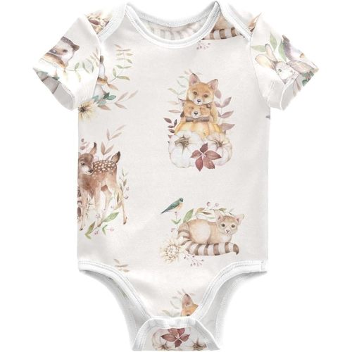 Ollabaky Unisex Woodland Animal Baby Bodysuits Short-Sleeve Cotton Baby Clothes for Girls Boys 0-24 Months