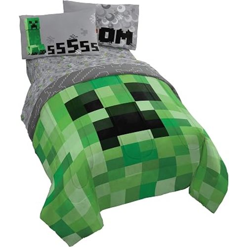 Minecraft Creeper Full Comforter Set 5 Piece Kids Bedding for Boys, Green