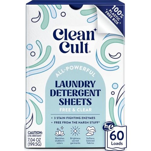 Cleancult Laundry Detergent Sheets - Resealable Box - 3 Stain Fighting Enzymes - Fragrance Free - 60 Loads - Free of Harsh Chemicals - No Mess - No Plastic Waste