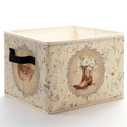Vintage Western Cowgirl Floral Storage Bins Box with Handles, Cottagecore Flower Cowgirl Hat Boots Foldable Basket Toybox for Girls Room Bedroom Bathroom Home Clothes Toys Books