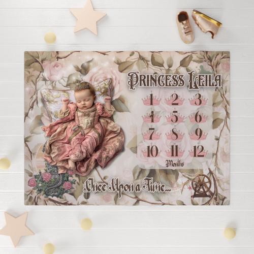 Personalized Princess Baby Milestone Blanket: Sleeping Beauty Rose Floral Month Tracker
