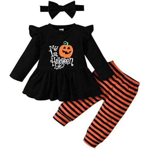 My 1st Halloween Baby Girl Outfits Ruffle Pumpkin Print Tunic Drees Shirt Stripe Pants Legging Fall Winter Clothes
