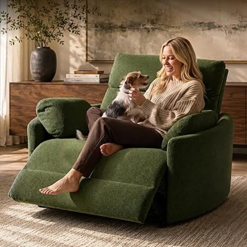 FLEXISPOT Mochi Oversized 54" Power Recliner Chair for Big & Tall, Chenille Fabric Electric Recliner with USB & Type-C Ports, Wide Single Sofa with Pillows for Living Room & Bedroom, Olive Green