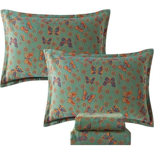 FADFAY Butterfly Sheets Set King Vintage Green Red Floral Bedding Shabby Farmhouse Bedding Super Soft Washed Double -Layer Muslin Sheets 100% Cotton Deep Pocket Fitted Sheet 4Pcs, King Size