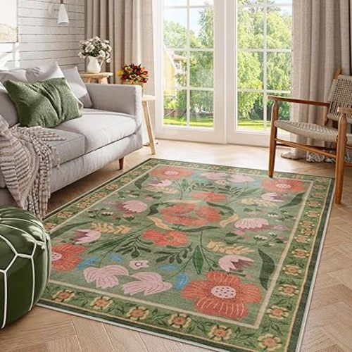 Yuemasi Washable Green Floral Area Rug 5x7, Colorful Cottagecore Nursery Rug, Soft Boho Flower Carpet for Girls Living Kids Room Playroom Dorm Apartment Decor (5x7ft,Green)