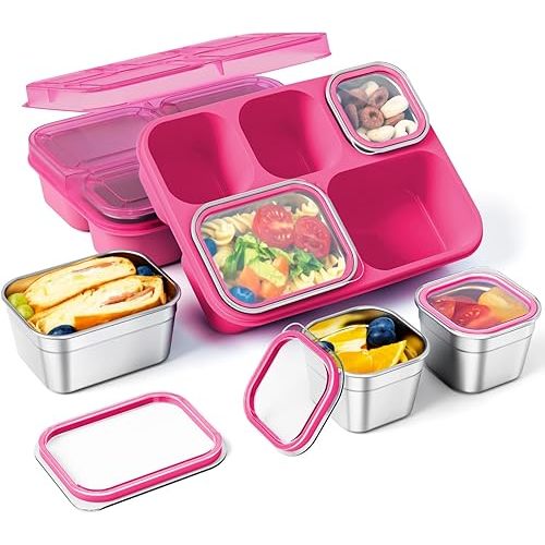 Freshmage Stainless Steel Snack Containers - 2 Pack, BPA-Free Lunch Bento Box with 5 Compartment, Reusable Food Storage Snackle Box for School, Work, and Travel, Dishwasher Safe (Pink)