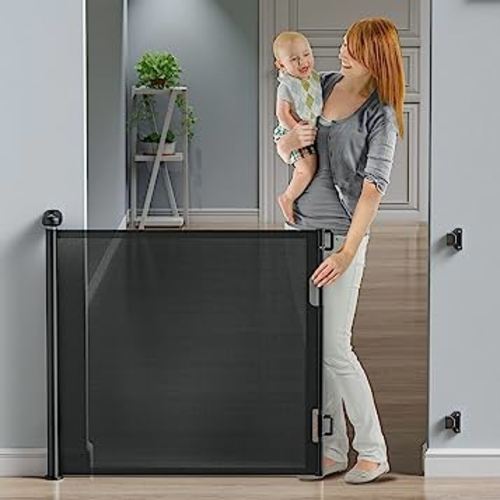 Retractable Baby Gates, BabyBond Baby Gate for Stairs Extra Wide 71” X 33” Tall for Kids or Pets Indoor and Outdoor Dog Gates for Doorways, Stairs, Hallways(33 * 71 inches, Black & Drill)