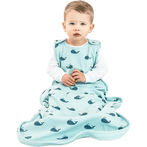 Woolino Ultimate Sleep Sack - 4 Season - Merino Wool and Organic Cotton Two-Way Zipper Adjustable Sleeping Bag - Universal Size Sleep Sack for Baby (2-24 Months) - Whales