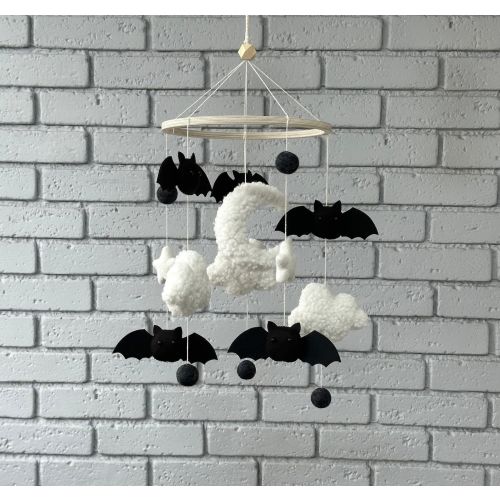 Bat boucle baby mobile, white and black boucle mobile, bat mobile for crib