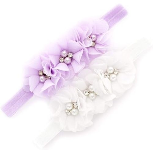 My Lello Flower Headbands Baby - Girls - Toddler Fabric Beaded Stretchy Elastic Pair