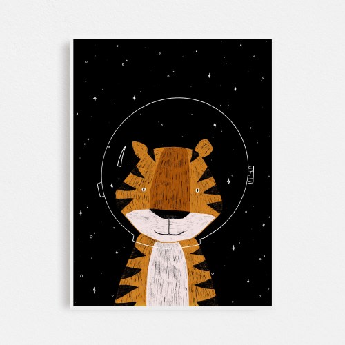 Tiger Astronaut in Space Art Print | Space Animals Nursery Art Print | Quirky Astronaut Decor | Space Art Children's Illustration