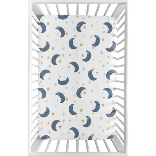 Sweet Jojo Designs Boy or Girl Gender Neutral Unisex Baby Fitted Mini Crib Sheet Bear and Moon Blue Gold and Grey