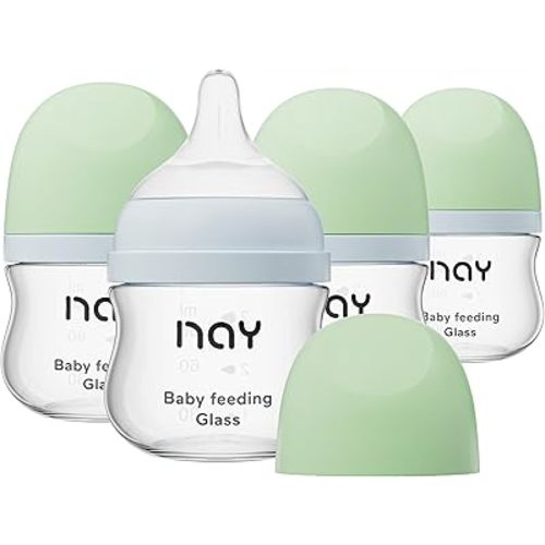 yanyoyo Natural Glass Baby Bottle Wide Neck, Newborn Anti-Colic Baby Bottle, Clear, 3oz(Pack of 4), Includes 4Pcs Slow Flow Nipple(SS), 0 Months+