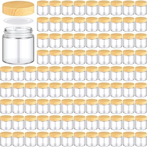 Norme 96 Pcs 4oz Glass Jars with Lids Empty Small Glass Containers and Inner Liners Reusable Cosmetic Jars Round Airtight Bottles with Plastic Wood Grain Lids for Travel Wedding Favors Gifts