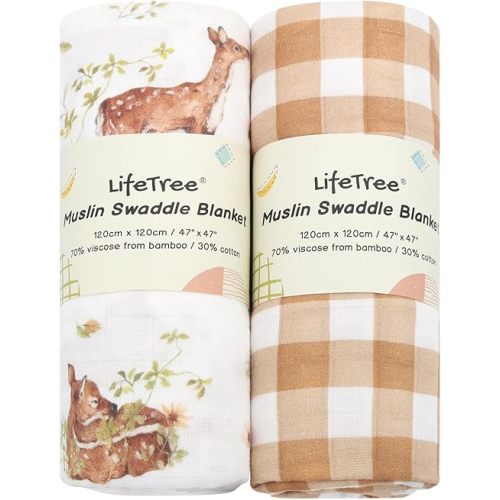 LifeTree Baby Swaddle Blankets, Boys Girls Muslin Swaddling Wrap Receiving Blanket for Newborn, 70% Viscose from Bamboo and 30% Cotton, Large 47" x 47", Deer and Checkered
