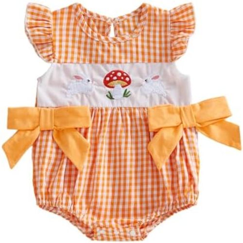 KMBANGI Infant Newborn Baby Girl Easter Outfit Mushroom Bunny Smocked Romper Flutter Sleeve Bow Shirts Onesie Cute Clothes