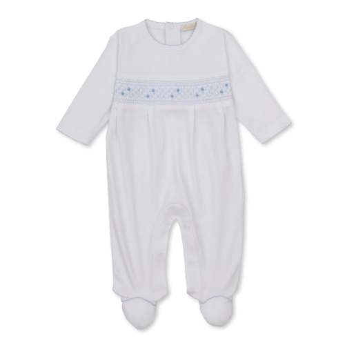 CLB Fall 26 White/Blue Hand Smocked Footie