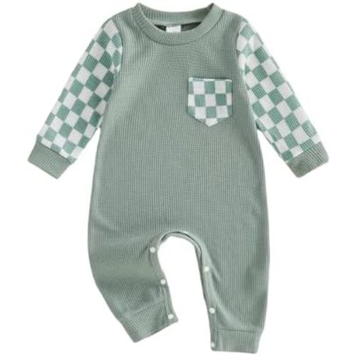 Newborn Baby Boy Fall Outfit Romper Long Sleeve Plaid Print Patchwork Jumpsuits Cute Infant Waffle Clothes