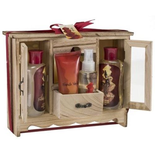 Spa Gift Basket Vanilla Bath and Body Gift Set in Wood Curio Self Care Gift for Women & Men - Shower Gel, Bubble Bath, Body Spray, Lotion & More