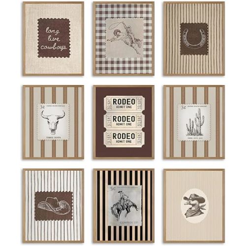 Msvenors Western Wall Art Set of 9, Vintage Cowboy Canvas Wall Decor, Retro Striped Cowboy Rodeo Stamp Poster Prints, Southwestern Farmhouse Artwork for Nursery Bedroom Living Room 8x10 Inch Unframed