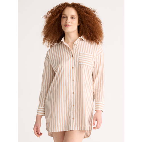Joyspun Women’s Woven Long Sleeve Button Front Sleepshirt, Sizes XS-3X