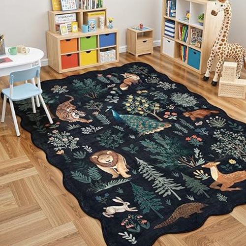 Lahome Scalloped 5x7 Playroom Rug,Black Rugs for Bedroom, Kids Room Rug Animal Print Cute Rugs Machine Washable Non-Slip Ultra-Thin, Stain Resistant Carpet for Kid Classroom Nursery Living Room