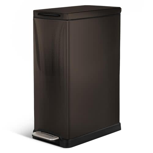 Home Zone Living 12 Gallon Slim Kitchen Trash Can with Soft Close Lid, Step Pedal, Bag Tuck Band, and Removable Liner, Stainless Steel, Black